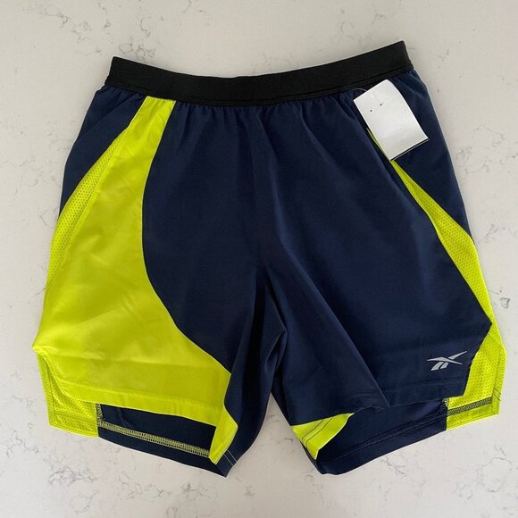 Reebok Athletic HT3711 Pull On Running Shorts Navy + Florescent Yellow Sz S NWT - Picture 1 of 12